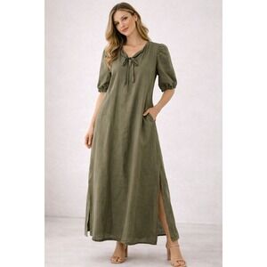 ONLY Olive Green Puff Sleeve Tie Neck Maxi Dress Casual‎ Midi Size XS